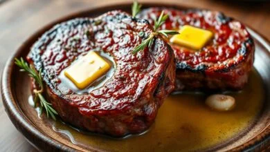 Dois filés de costela com crosta dourada e caramelizada, regados com manteiga e ervas frescas, servidos em prato rústico.