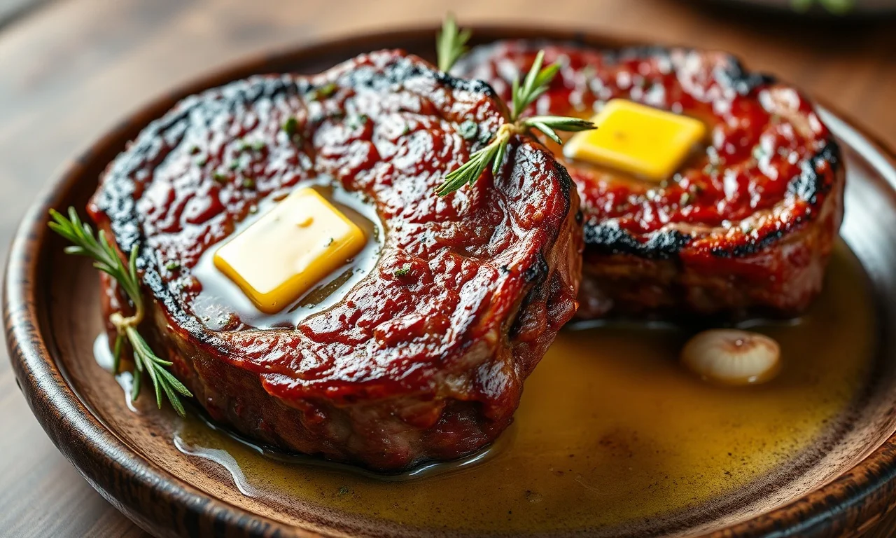 Filé De Costela Na Frigideira: Crosta Perfeita Em 30 Min 3 Dois filés de costela com crosta dourada e caramelizada, regados com manteiga e ervas frescas, servidos em prato rústico.