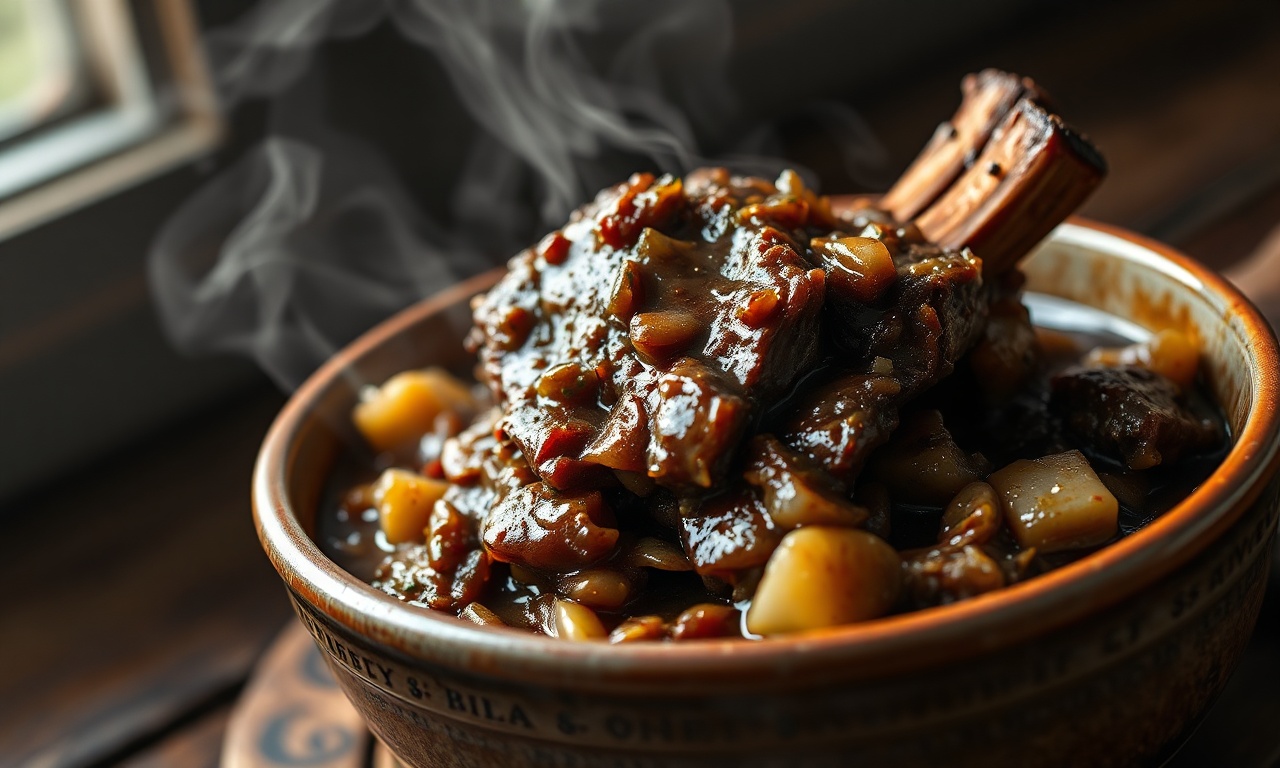 A costela macia e desfiada, coberta por um molho escuro e brilhante feito com cebola e alho, servida em um prato de cerâmica rústica.