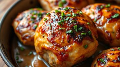 Filés de frango dourados com crosta caramelizada de mostarda e mel, pele crocante, finalizados com salsinha fresca picada.