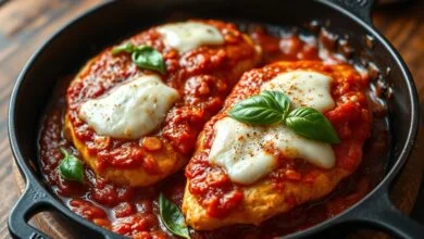 Filés de frango macios cobertos por molho de tomate caseiro e queijo mussarela derretido, finalizado com manjericão fresco.