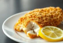 O filé de merluza com uma crosta dourada e uniforme de panko, revelando um interior branco e macio ao corte, servido com uma fatia de limão fresco.