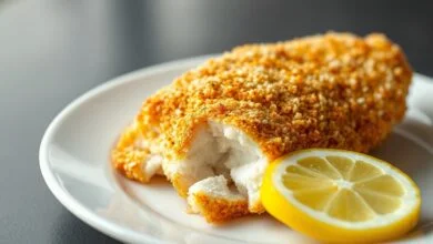 O filé de merluza com uma crosta dourada e uniforme de panko, revelando um interior branco e macio ao corte, servido com uma fatia de limão fresco.