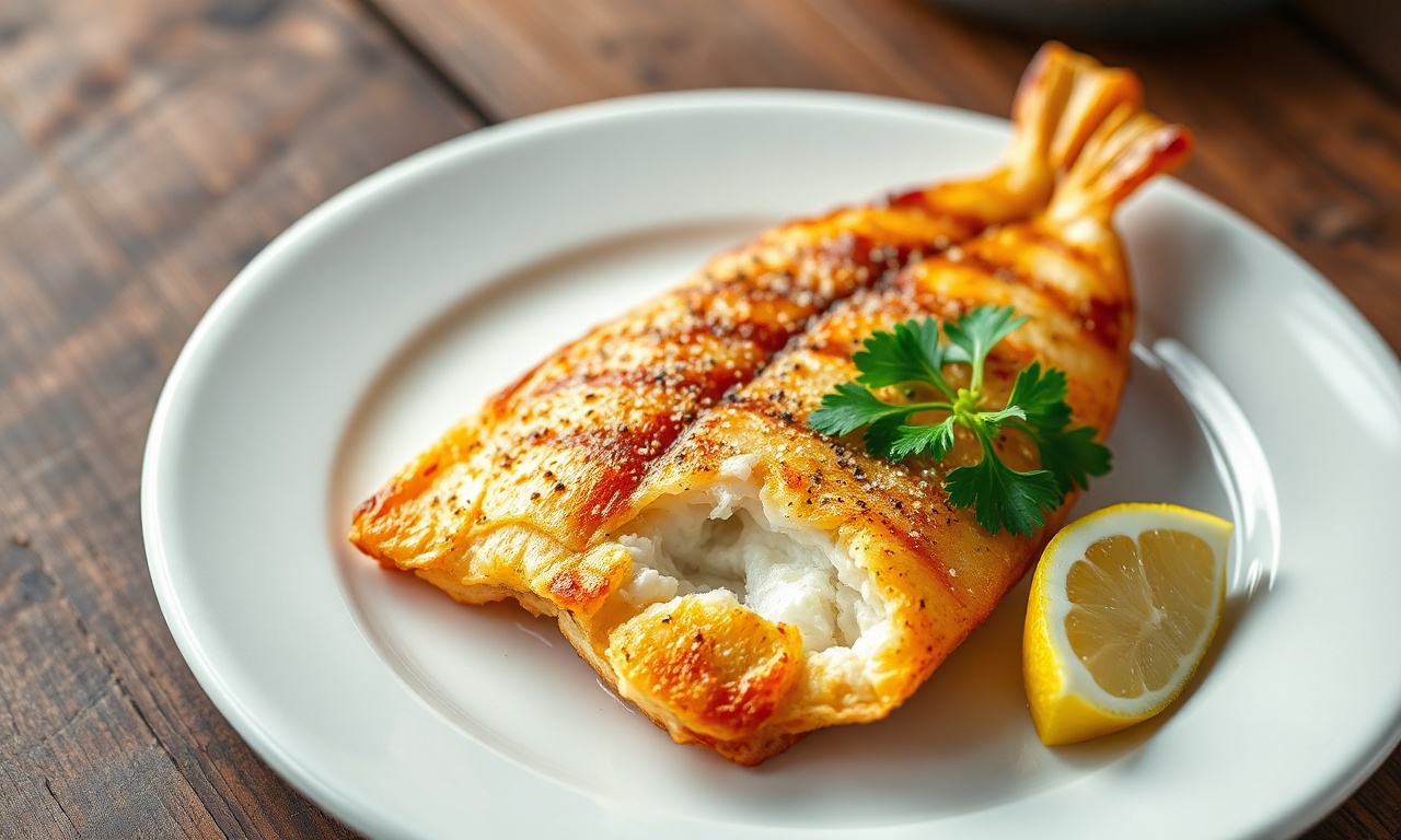 Filé de peixe com crosta dourada e uniforme, macio por dentro, servido com limão fresco.