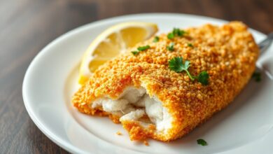 Filé de peixe empanado, dourado e crocante, servido com limão e salsa.