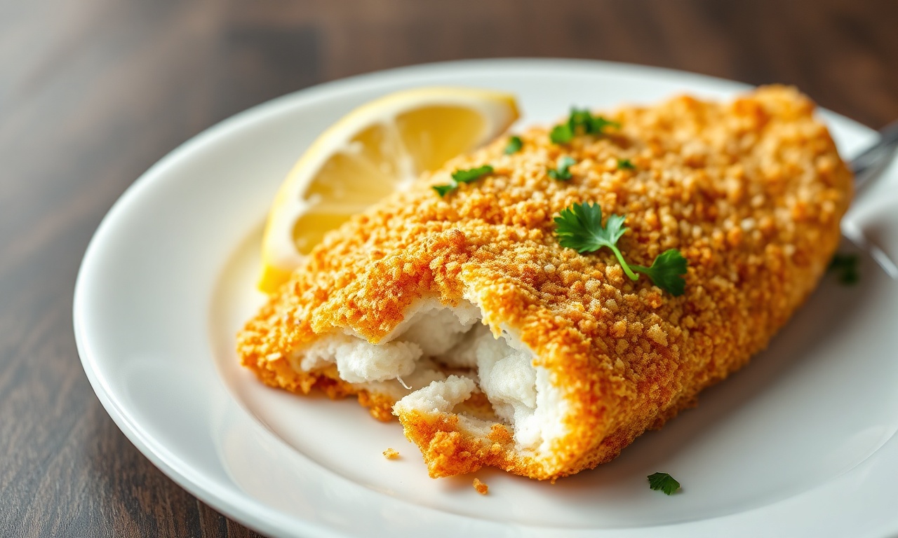Filé De Peixe À Milanesa Crocante Com Panko Em 30 Minutos 3 Filé de peixe empanado, dourado e crocante, servido com limão e salsa.