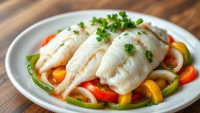 Prato principal com filés de peixe anjo cozidos no vapor, brilhantes e macios, sobre uma cama de verduras coloridas e finalizados com salsinha fresca.