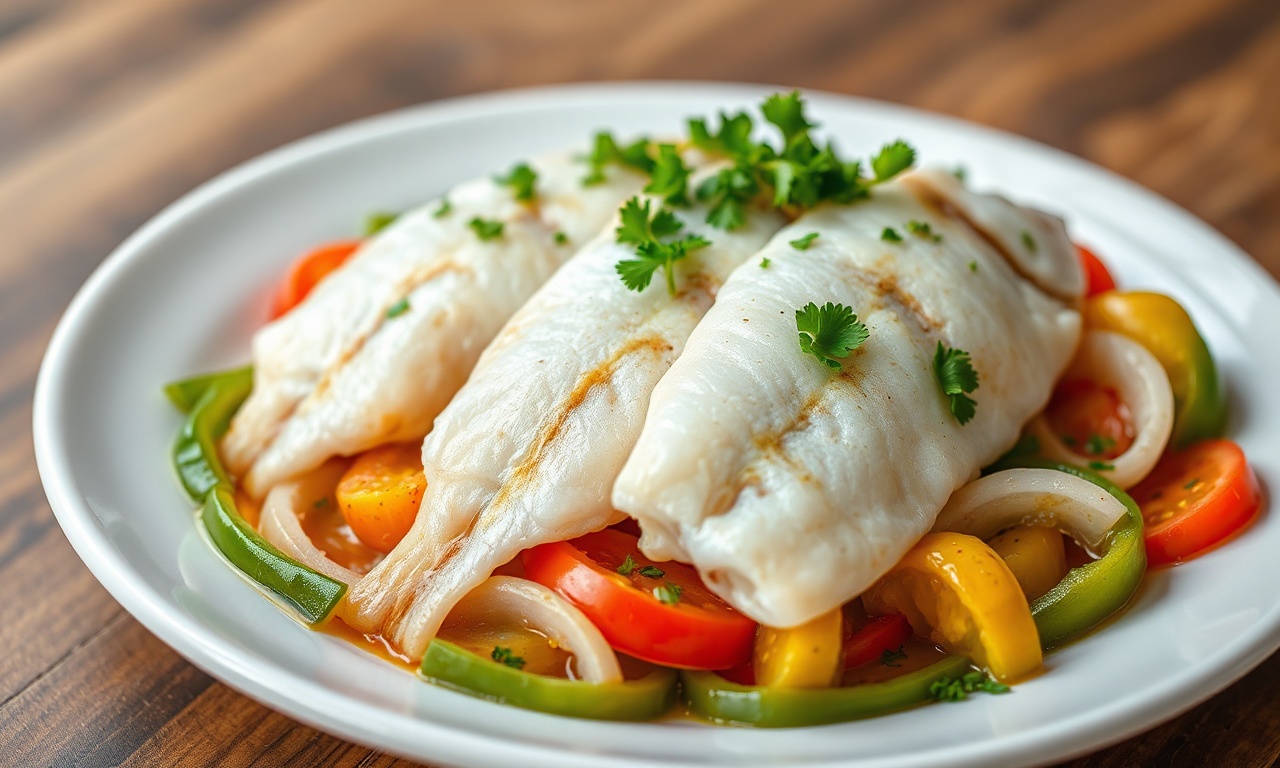 Prato principal com filés de peixe anjo cozidos no vapor, brilhantes e macios, sobre uma cama de verduras coloridas e finalizados com salsinha fresca.