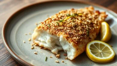 Filé de tilápia com crosta de aveia dourada e fatias de limão siciliano