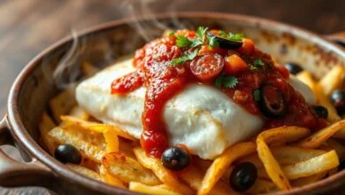 Peixe branco opaco e suculento sobre camada de batatas douradas e crocantes, coberto por molho de tomate com azeitonas pretas e salsinha fresca.