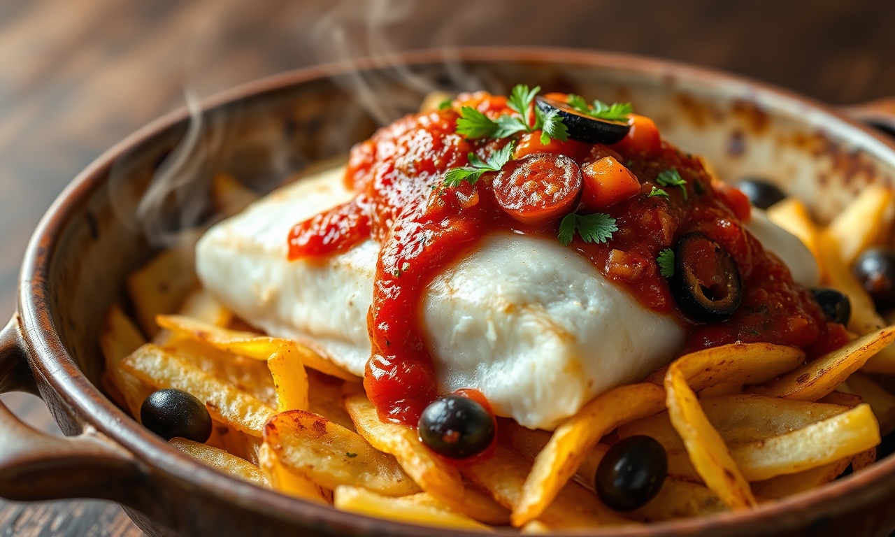 Peixe branco opaco e suculento sobre camada de batatas douradas e crocantes, coberto por molho de tomate com azeitonas pretas e salsinha fresca.