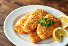 Filés de polaca empanados e fritos com crosta dourada impecável, servidos com limão e salsa fresca.