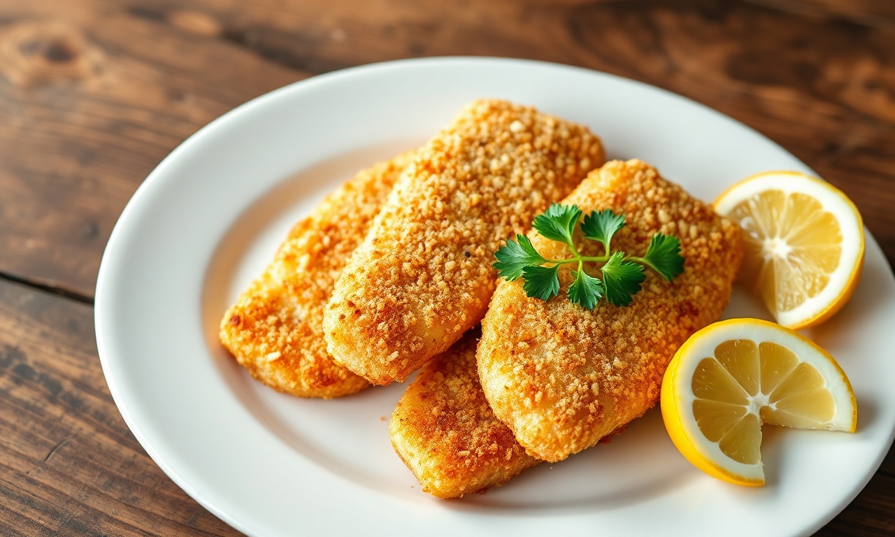 Filés de polaca empanados e fritos com crosta dourada impecável, servidos com limão e salsa fresca.