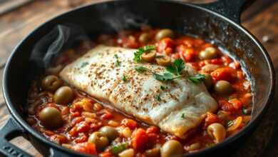 Filé de peixe branco e macio sobre cama de legumes dourados, azeitonas verdes e molho de tomate espesso, finalizado com salsinha fresca.