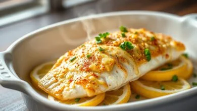 Um filé de tilápia perfeitamente assado com uma crosta dourada e brilhante de maionese, repousando sobre fatias de limão, finalizado com salsinha fresca picada.
