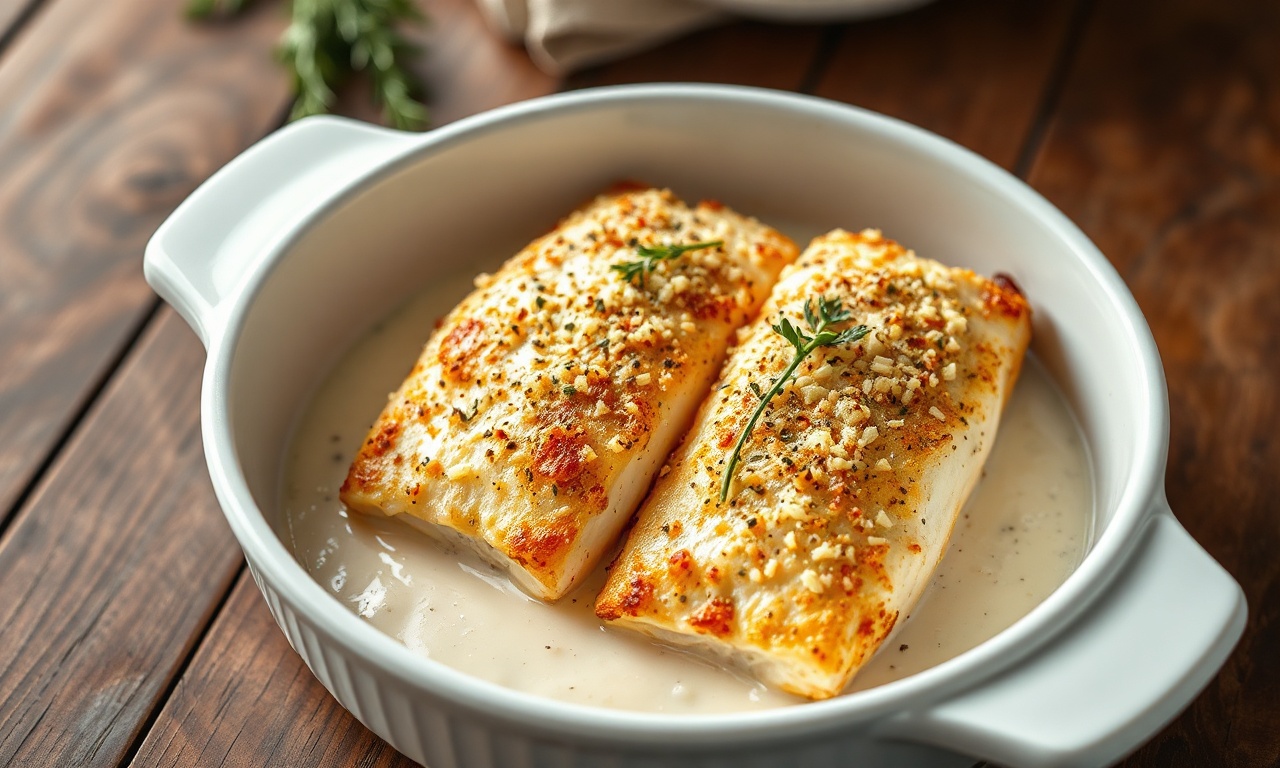 Filés de tilápia cobertos por creme de leite gratinado com crosta dourada de queijo parmesão, servidos em refratário de cerâmica branca.