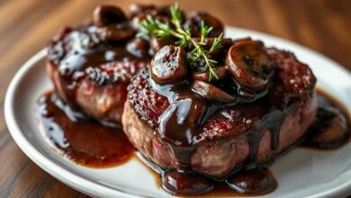 Bifes de filé mignon perfeitamente selados, cobertos por um molho aveludado de cogumelos e vinho tinto, prontos para servir.
