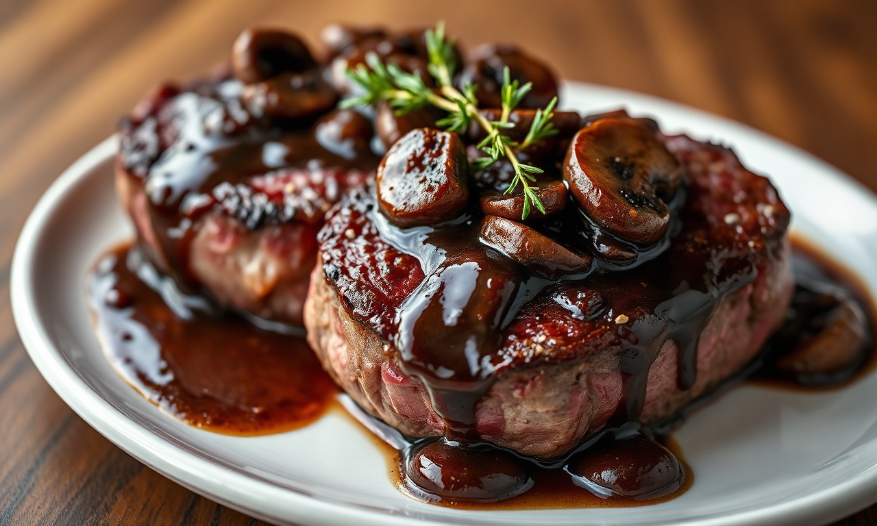Bifes de filé mignon perfeitamente selados, cobertos por um molho aveludado de cogumelos e vinho tinto, prontos para servir.