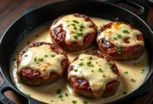 Medalhões de filé mignon cobertos por uma camada dourada e bolhante de mussarela derretida, envoltos em molho cremoso de requeijão, finalizados com salsinha fresca picada em frigideira de ferro.