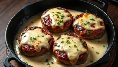 Medalhões de filé mignon cobertos por uma camada dourada e bolhante de mussarela derretida, envoltos em molho cremoso de requeijão, finalizados com salsinha fresca picada em frigideira de ferro.