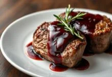 Medalhões de filé mignon com crosta dourada perfeita, cobertos por um molho de vinho tinto aveludado e brilhante, finalizados com um ramo de alecrim fresco em um prato de porcelana branca.