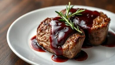 Medalhões de filé mignon com crosta dourada perfeita, cobertos por um molho de vinho tinto aveludado e brilhante, finalizados com um ramo de alecrim fresco em um prato de porcelana branca.