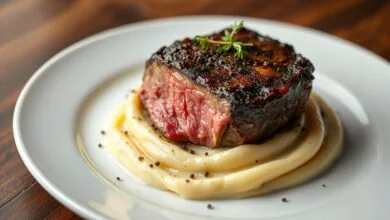 Medalhão de filé mignon perfeitamente selado, com interior rosado, sobre uma camada generosa de creme de batata aveludado.