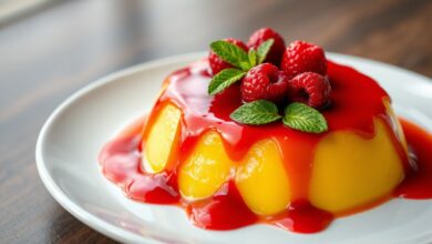 Flan de frutas vibrante desenformado em prato branco, com calda de frutas vermelhas escorrendo pelas laterais.