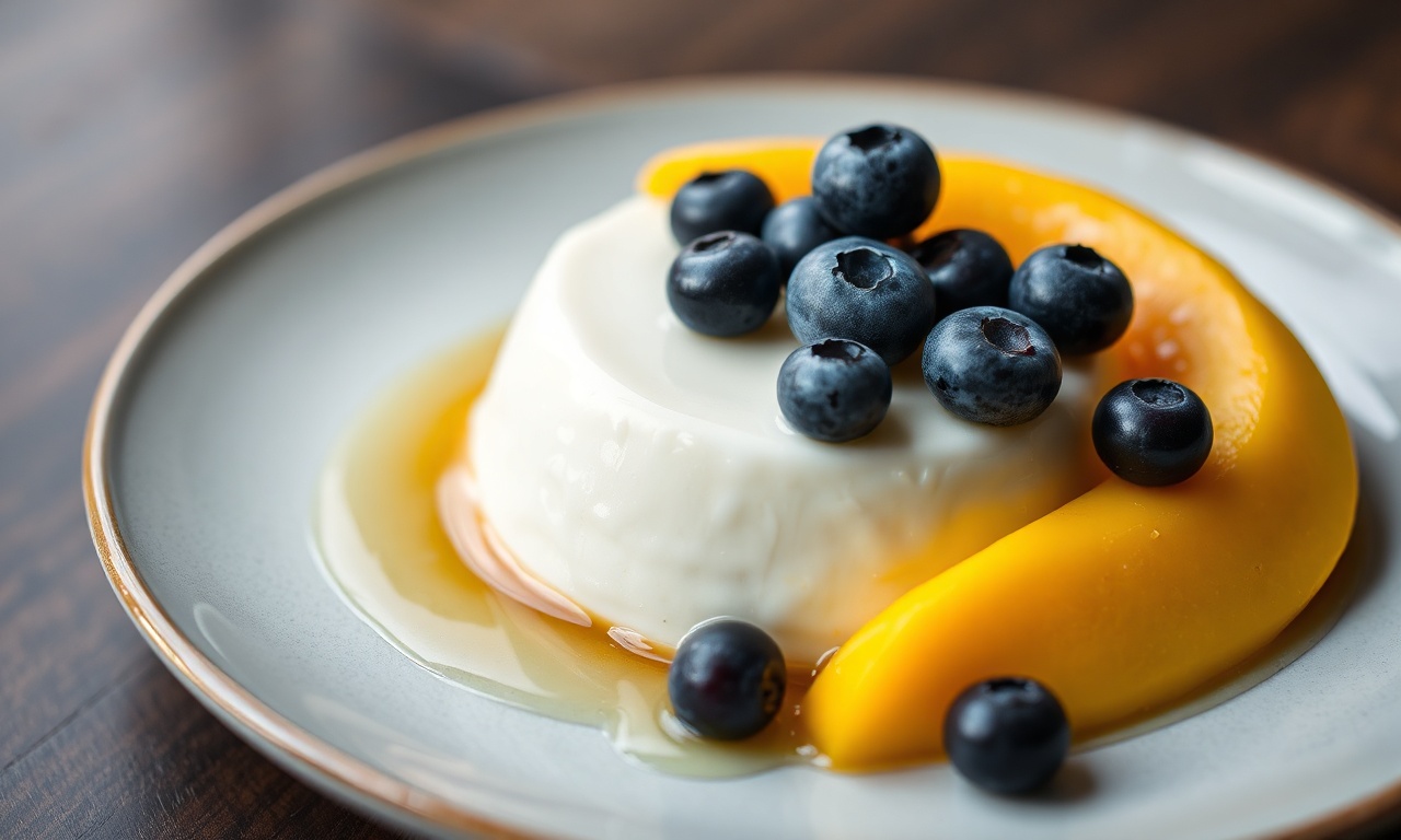 O flan cremoso desenformado e adornado com frutas frescas, pronto para servir.