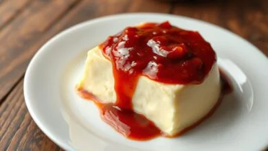 Fatia perfeita do flan com textura aveludada e camada vibrante de goiabada.