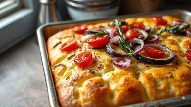 Focaccia dourada, fofa, coberta com legumes coloridos e alecrim, servida na assadeira.