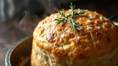 Focaccia dourada, alta, com superfície perfurada, alecrim fresco e cristais de sal grosso, ainda quente com azeite brilhante.