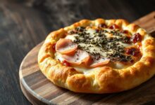 Fogazza recém-saída do forno com casca dourada e estaladiça, bordas altas e recheio de muçarela derretida e presunto visível.