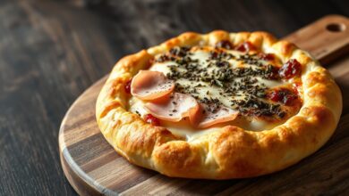 Fogazza recém-saída do forno com casca dourada e estaladiça, bordas altas e recheio de muçarela derretida e presunto visível.