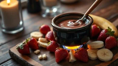 Panelinha de cerâmica com chocolate derretido brilhante e sedoso, rodeada de morangos vermelhos e rodelas de banana prontos para mergulhar.