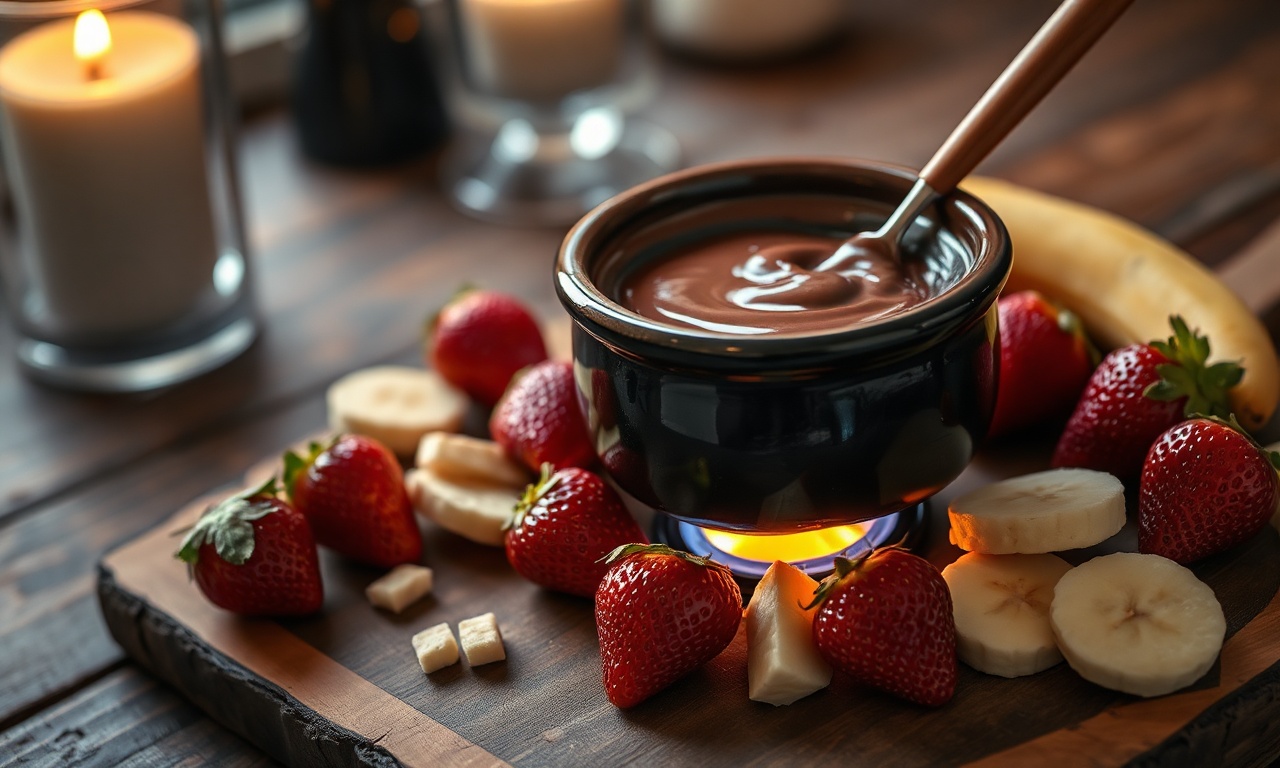 Panelinha de cerâmica com chocolate derretido brilhante e sedoso, rodeada de morangos vermelhos e rodelas de banana prontos para mergulhar.