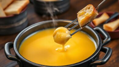 Panela de fondue com queijo derretido, homogêneo e levemente dourado, borbulhando suavemente, pronta para mergulhar pães e legumes.