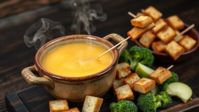 Panela de fondue de cerâmica com queijo derretido dourado e homogêneo, rodeada por cubos de pão baguete e acompanhamentos.