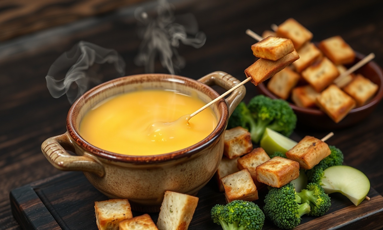 Panela de fondue de cerâmica com queijo derretido dourado e homogêneo, rodeada por cubos de pão baguete e acompanhamentos.