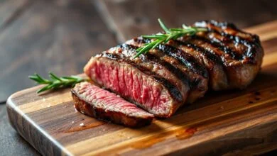 Melhor Carne Barata Para Churrasco: Fraldinha Perfeita Em 25 Min 6 Fatias suculentas de fraldinha assada na grelha, com crosta dourada e interior rosado, pronta para servir.