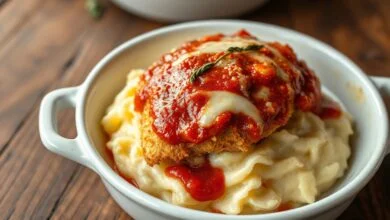 Camada de purê cremoso na base, frango empanado dourado, coberto por molho de tomate e mussarela gratinada borbulhante.