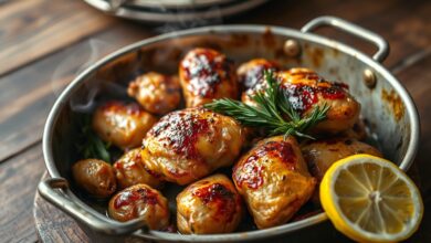Pedaços dourados e crocantes de frango a passarinho no forno com maionese, servidos em assadeira de metal com pele estalando.
