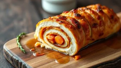 Um frango à rolê perfeitamente dourado, fatiado para mostrar o interior suculento com tiras de cenoura laranja e bacon, servido em um prato rústico.