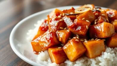 Cubos de frango dourados cobertos por molho agridoce caramelizado e brilhante, com sementes de gergelim, fatias de cebola e alho, servidos ao lado de arroz branco soltinho.