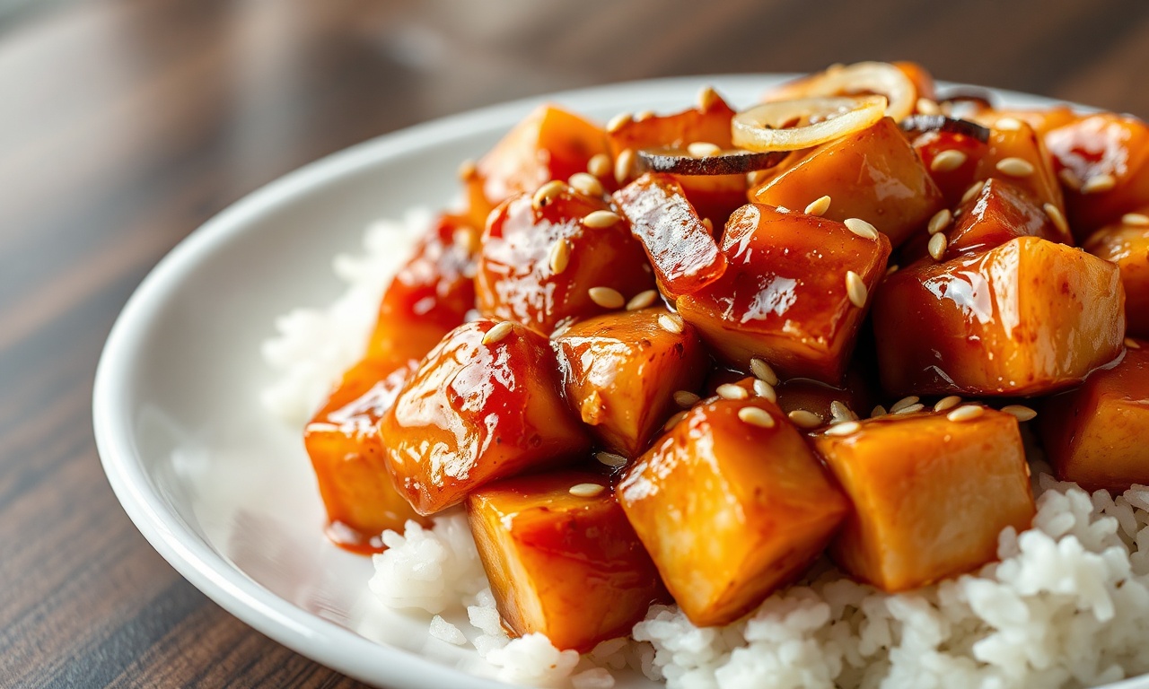 Frango Agridoce Fácil Em 30 Minutos Com Molho Caseiro 3 Cubos de frango dourados cobertos por molho agridoce caramelizado e brilhante, com sementes de gergelim, fatias de cebola e alho, servidos ao lado de arroz branco soltinho.
