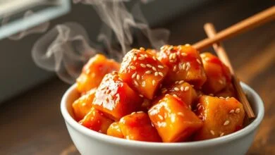 Cubos de frango dourados e crocantes, cobertos por um molho agridoce brilhante e sementes de gergelim, servidos em uma tigela.