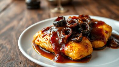 Filés de frango dourados e suculentos, cobertos por um molho escuro e brilhante com pedaços de cebola caramelizada, servidos sobre um prato branco.