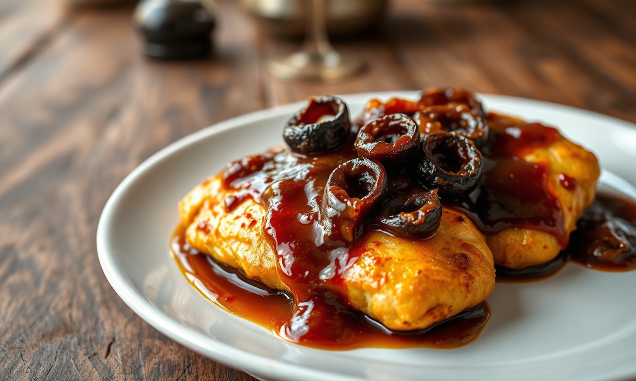Filés de frango dourados e suculentos, cobertos por um molho escuro e brilhante com pedaços de cebola caramelizada, servidos sobre um prato branco.