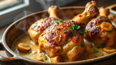 Prato principal de frango dourado, com a pele crocante e lascas de alho caramelizadas sobre um molho cremoso e espesso de leite evaporado.