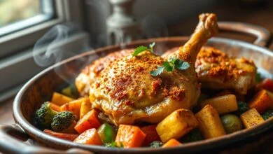 Frango dourado com pele crocante sobre legumes vibrantes e aromáticos.